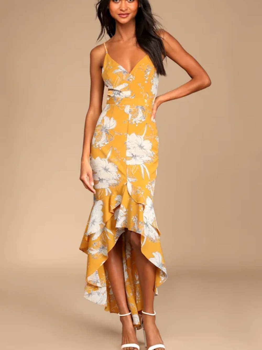 LIKE NEW Lulu's Mustard Yellow Floral High-Low Dress